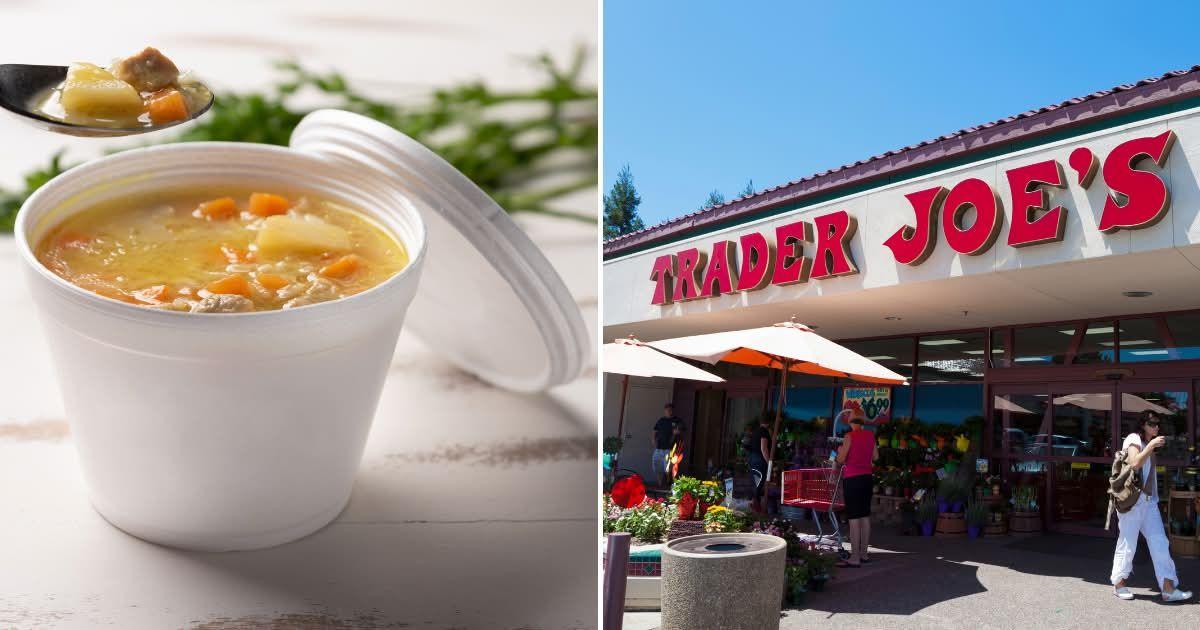 (L) Soup in a plastic bowl with its lid open. (R) Image of the supermarket chain Trader Joe's store in Pasadena, California. (Representative Cover Image Source: Getty Images | (L) Romualdo Crissi, (R) Slobo)
