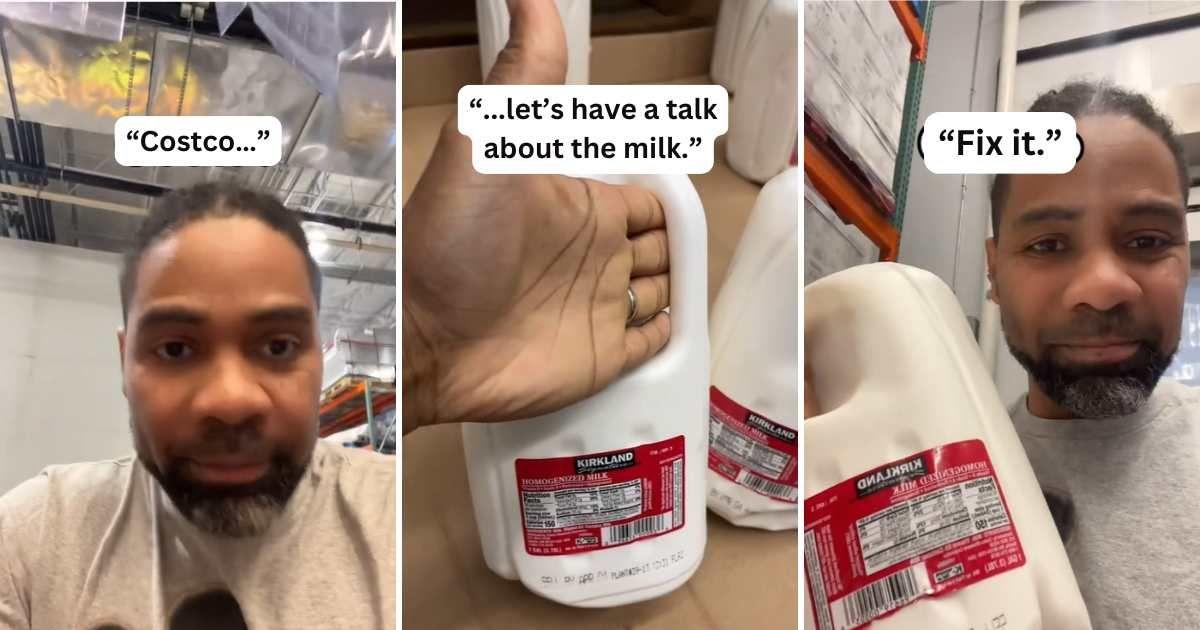 Costco customer grumbles about the weird shape of a milk jug that makes it impossible for him to pour the milk (Cover Image Source: TikTok | @someguynameavery)