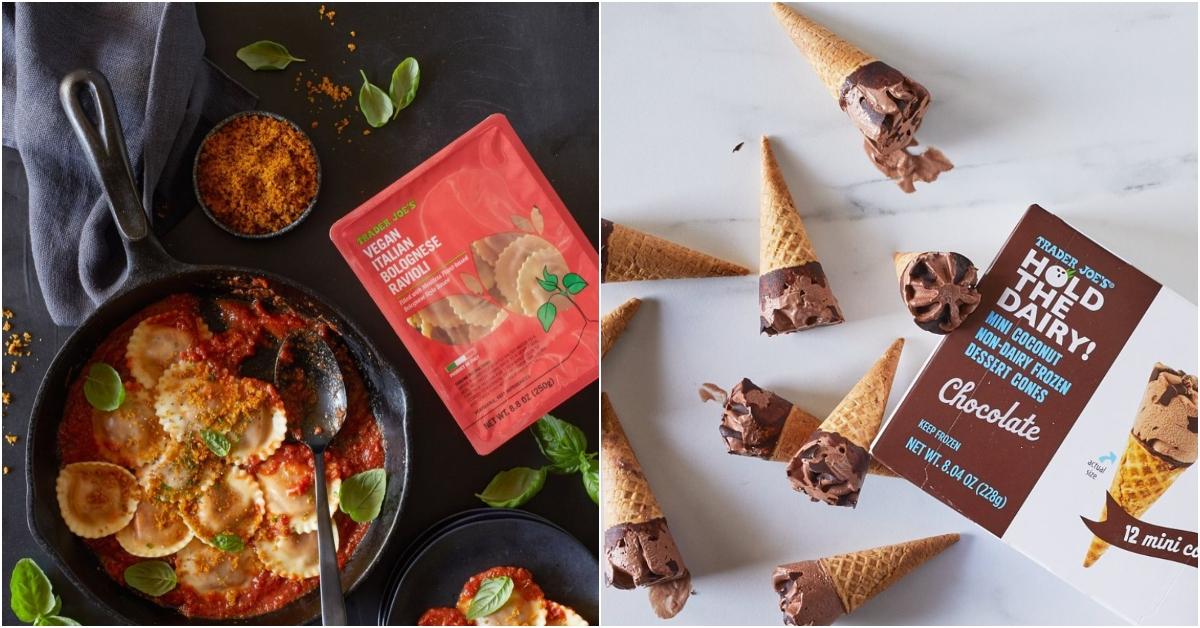 An image of Trader Joe's Vegan Italian Bolognese Ravioli in a pan next to the package (left). A marble countertop covered in chocolate ice cream cones next to Trader Joe's Hold the Dairy! ice cream cones (right). 