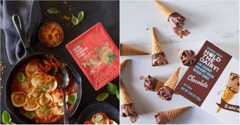 An image of Trader Joe's Vegan Italian Bolognese Ravioli in a pan next to the package (left). A marble countertop covered in chocolate ice cream cones next to Trader Joe's Hold the Dairy! ice cream cones (right).
