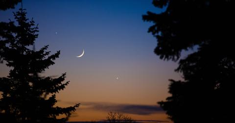 A crescent moon appears in the night sky with trees in the foreground.
