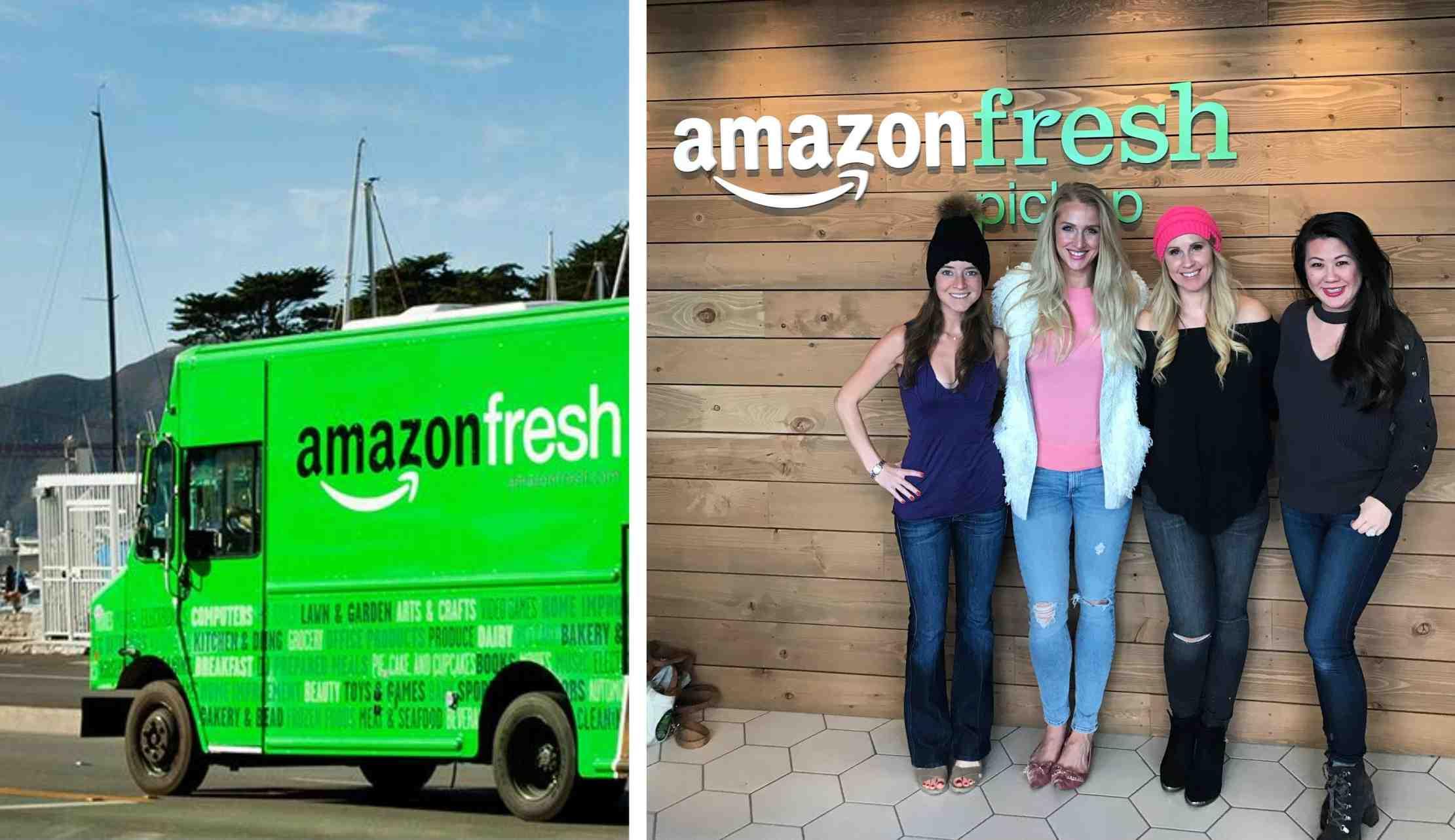 An Amazon Fresh delivery truck is pictured (left) and Amazon Fresh shoppers are pictured (right).