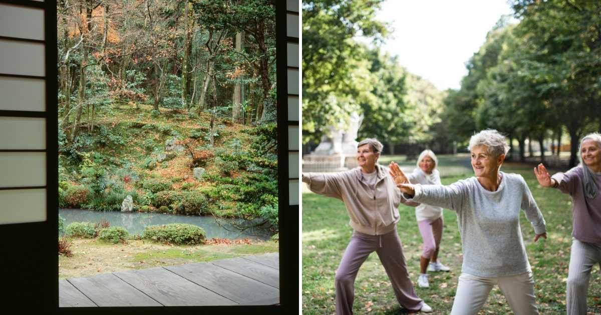 (L) A Japanese Tai-chi inspired garden captured from an indoor setiing, (R) Women practicing Tai-Chi in a house garden. (Representative Cover Image Source: Getty Images | (L) Gyro, (R) Halfpoint Images)