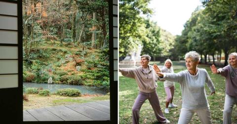 (L) A Japanese Tai-chi inspired garden captured from an indoor setiing, (R) Women practicing Tai-Chi in a house garden. (Representative Cover Image Source: Getty Images | (L) Gyro, (R) Halfpoint Images)