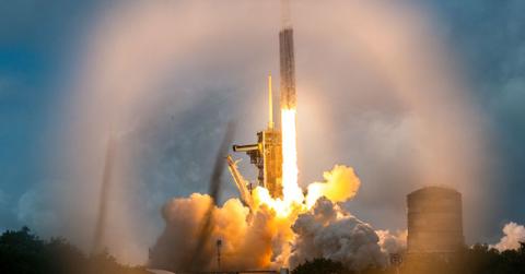 A SpaceX Falcon Heavy rocket launches from NASA's Kennedy Space Center in Cape Canaveral, Florida, in October 2023