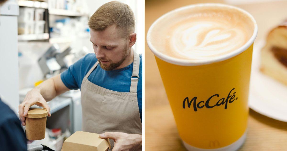 (L) Waiter in apron holding cup and box. (R) A cup of McCafe coffee on a table. (Representative Cover Image Source: Pexels | (L)Norma Mortenson; (R) Sarah MP) 