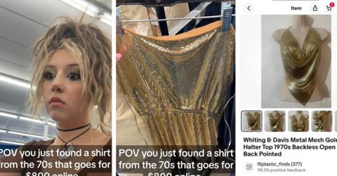 Girl showing gold vintage top she bought