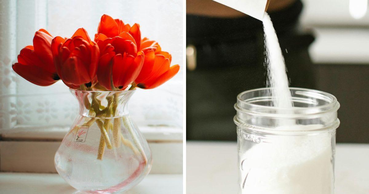 (L) Red flowers in a clear glass vase. (R) A person pouring sugar into a glass jar. (Representative Cover Image Source: Pexels | (L) Lisa Fotios, (R) RDNE Stock Project)