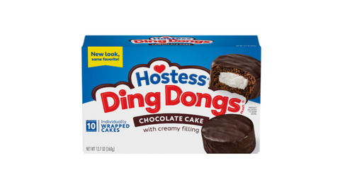 A closeup of the Hostess Ding Dong snack cakes