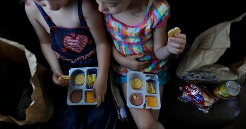 Two young girls, with their faces out of frame, eat Lunchables on their laps.