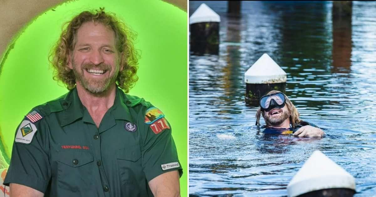 (L) Dr. Dituri in a scout's uniform celebrating St.Patrick's Day in the underwater lodge. (R) Dr. Dituri pops up to the surface after completing his mission. (Cover Image Source: Instagram | @drdeepsea)