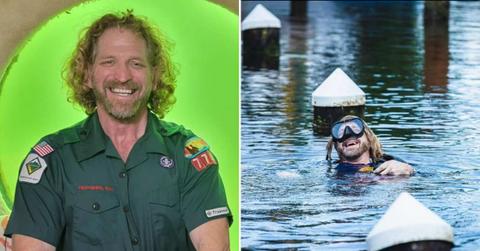 (L) Dr. Dituri in a scout's uniform celebrating St.Patrick's Day in the underwater lodge. (R) Dr. Dituri pops up to the surface after completing his mission. (Cover Image Source: Instagram | @drdeepsea)