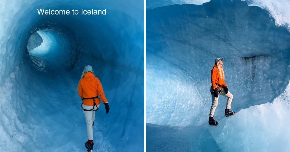 A woman walks inside Iceland's Katla Ice Cave in fascinating blue, icy footage (Cover Image Source: Instagram | @asasteinars)