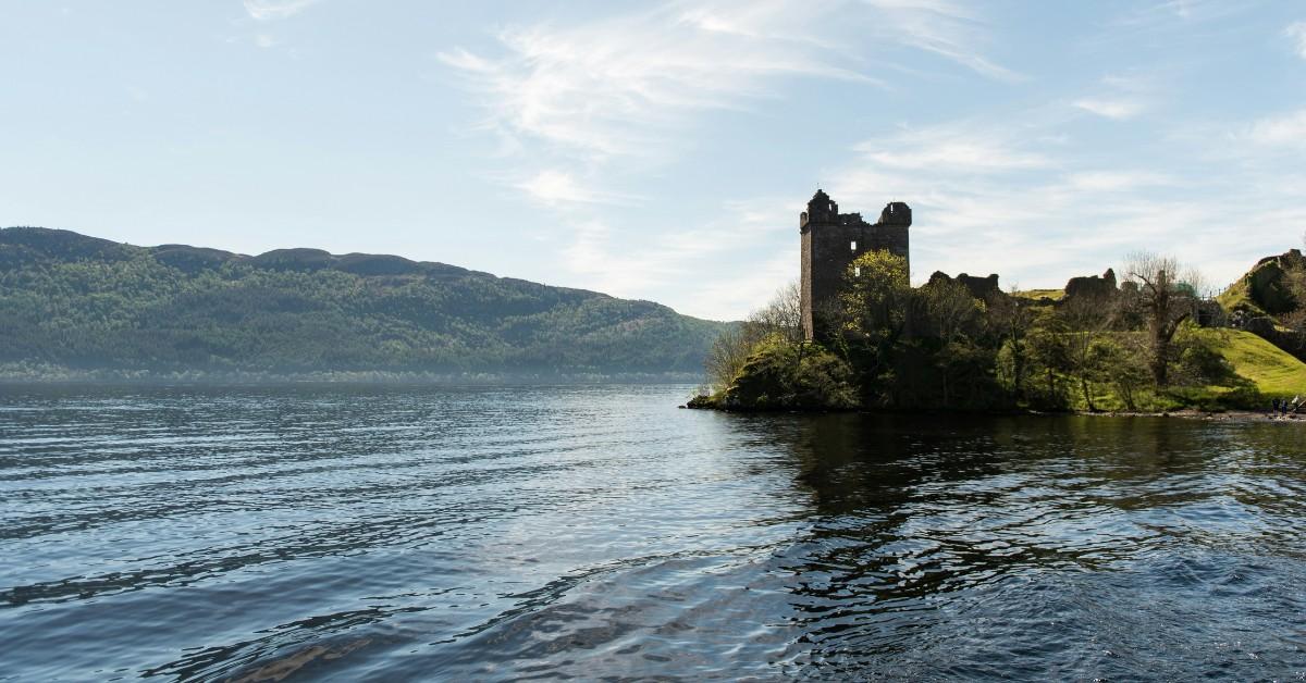 The Urquhart Castle ruins sit on the shores of Loch Ness in Scotland 