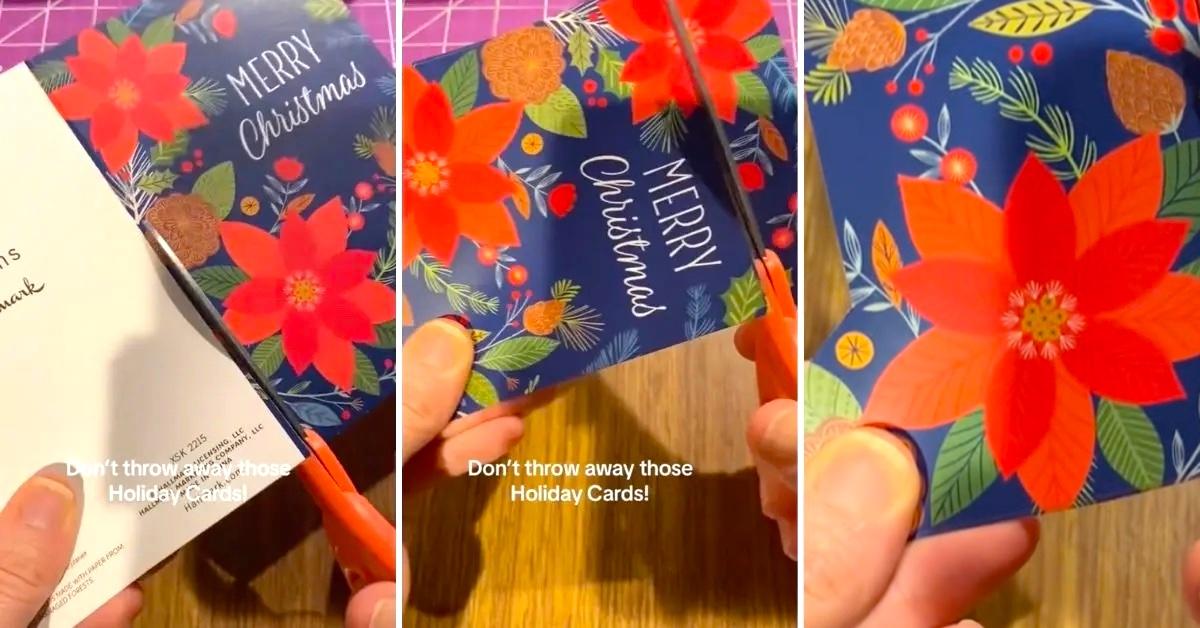 Three screenshots from a TikTok of someone's hands cutting up a Merry Christmas card