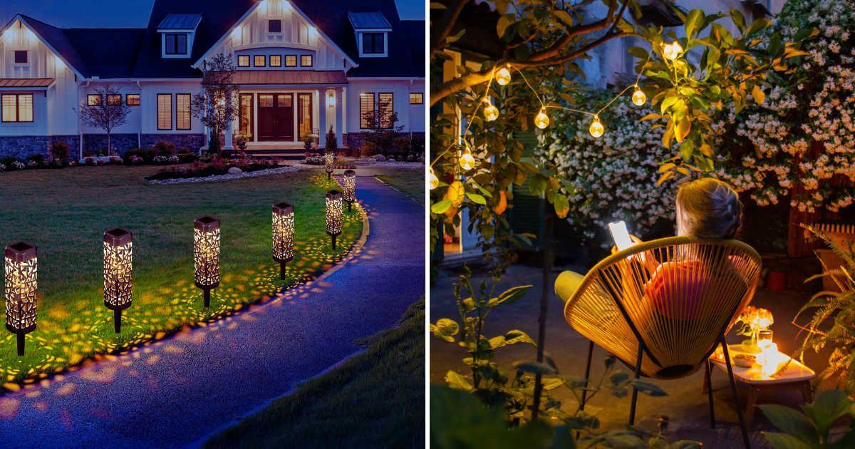(L) DAYBETTER's Solar Pathway Lights are available on Walmart. (Cover Image Source: Walmart) | (R) Woman reading a book in a garden lit up in a surreal glow. (Representative Cover Image Source: Getty Images | Kaithrin Ziegler)