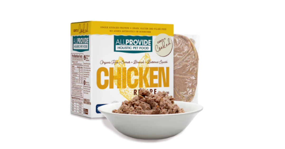 Allprovide Holistic Pet Food's white and yellow box with a bowl of food