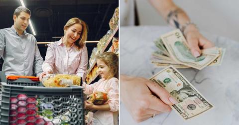 (L) A family shopping for groceries in a supermarket. (R) A person handing out a $10 bill. (Representative Cover Image Source: Pexels | (L) Gustavo Fring, (R) Karolina Grabowska)