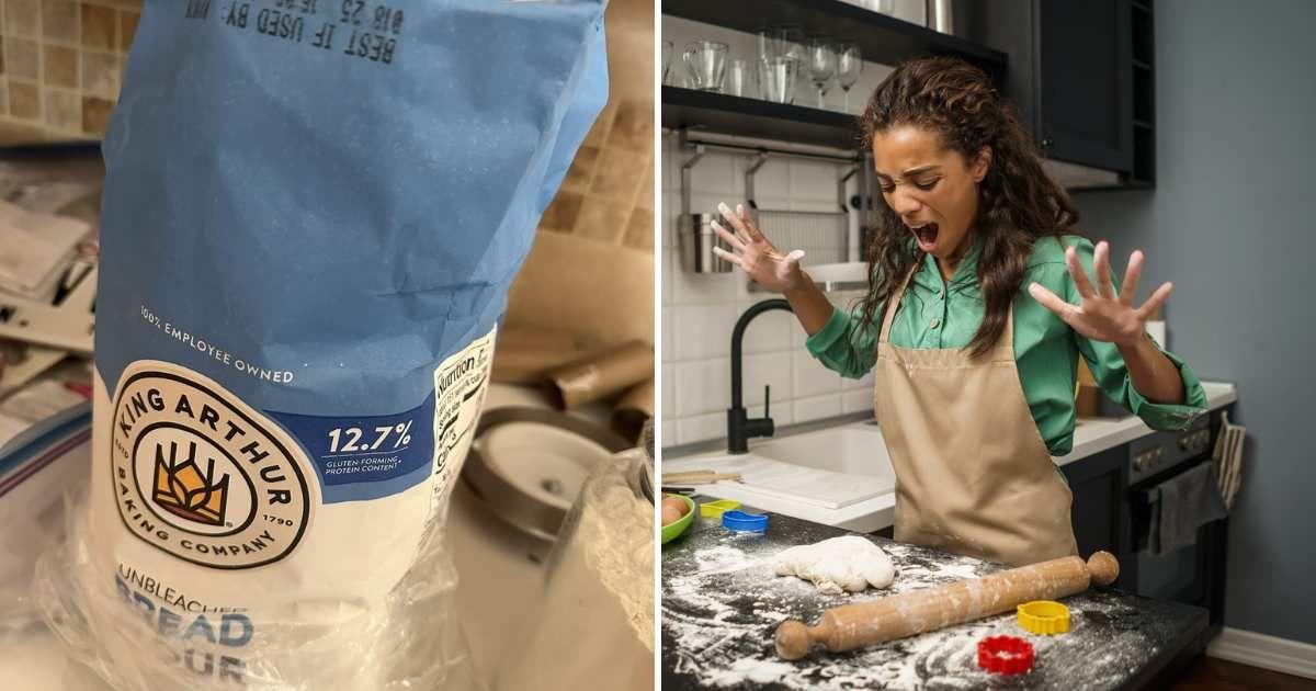 (L) A packet of King Arthur's bread flour a woman bought (Cover Image Source: Facebook | @Sourdough-Starters ) | (R) Woman finds something disgusting while kneading flour (Representative Cover Image Source: Getty Images | Photodjo)