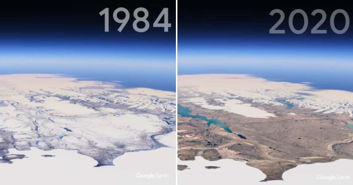 Comparison of melting ice caps in a region in Greenland between 1984 and 2020. (Cover Image Source: YouTube | @googleearth)