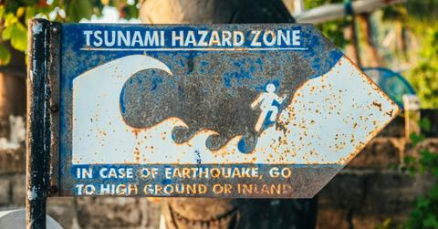 A rusted tsunami warning sign is posted on a beach