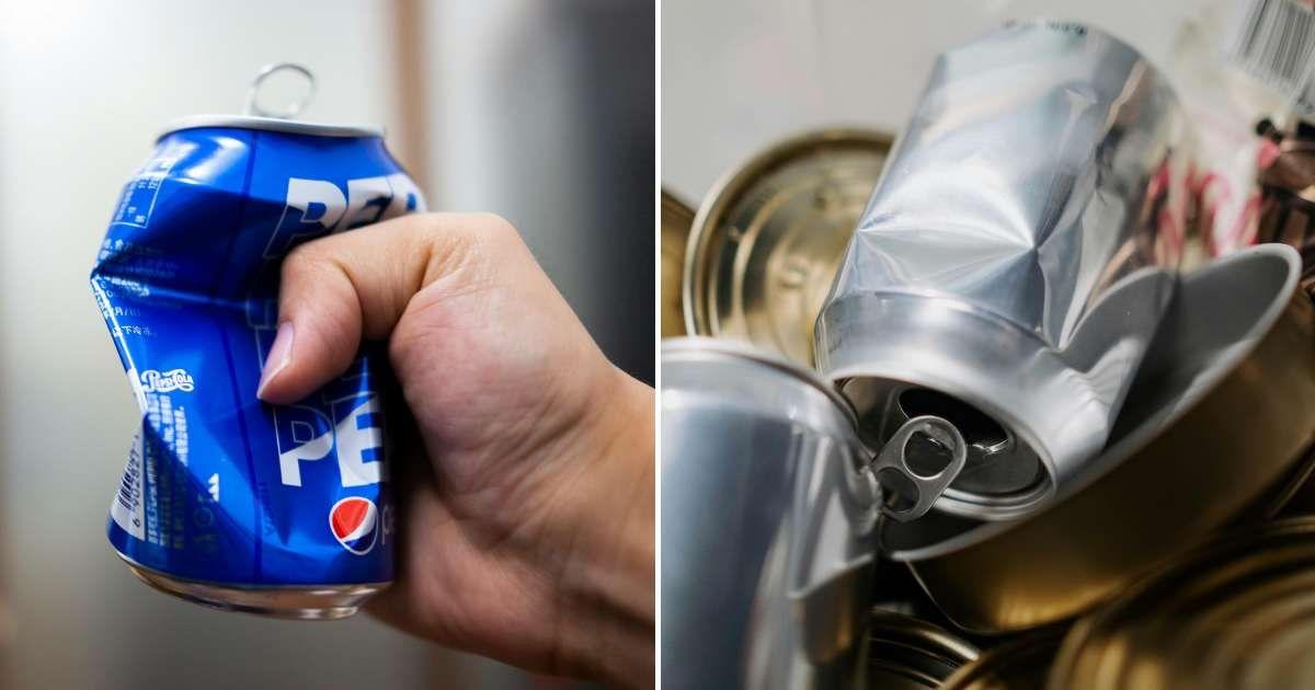 (L) A person crushing a soda can. (R) Several crushed aluminum cans are in the bin. (Representative Cover Image Source: Pexels | (L) Long Tang, (R) Cottonbro Studios)