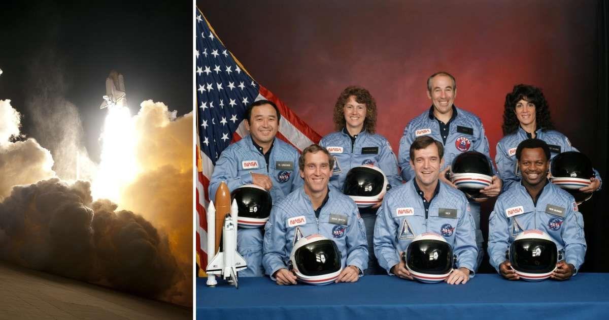 (L) A space shuttle launching into space. (Representative Cover Image Source: Pixabay | WikiImages) | (R) The seven-member crew of NASA's 1986 Challenger mission (Cover Image Source: X | @NASAHistory)