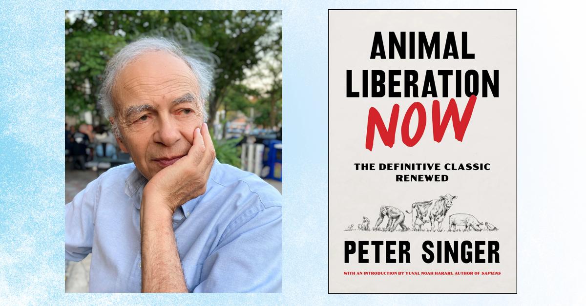 Headshot of Peter Singer and the book cover of 'Animal Liberation Now' on a blue background