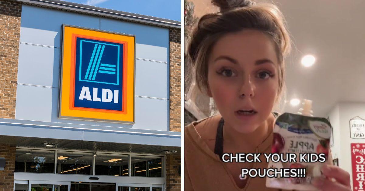 (L) An ALDI store logo (Representative Cover Image Source: Getty Images | jetcityimage) | (R) A mom of two warns about applesauce from Aldi's. (Cover Image Source: TikTok |@madisynaubreyjones)