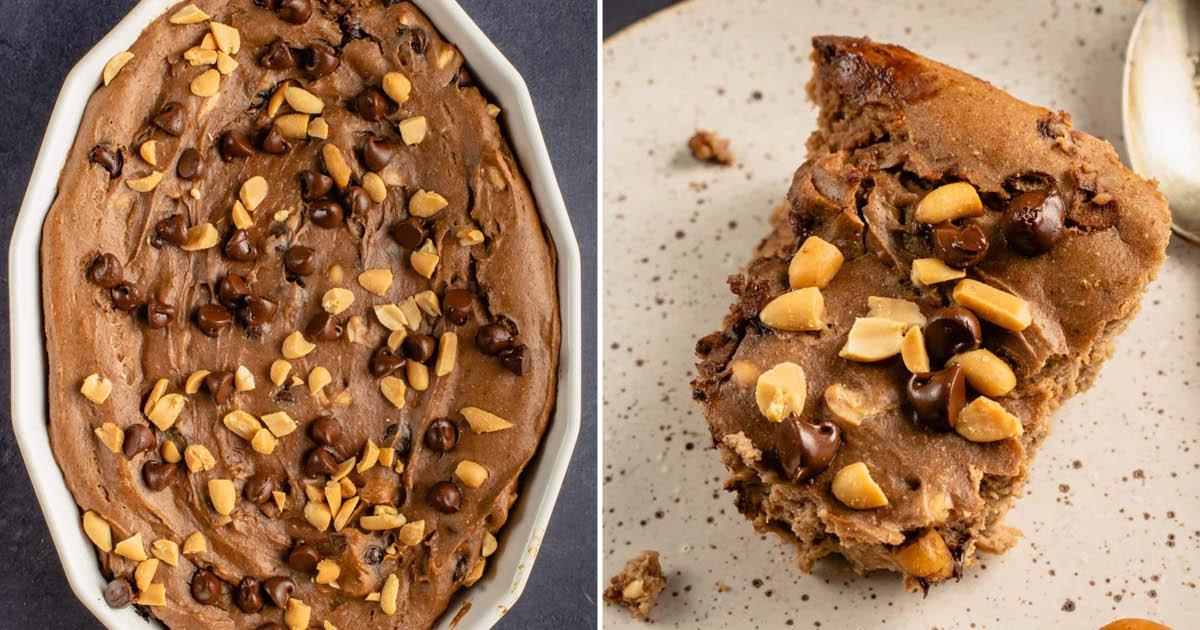 An image of Chocolate Peanut Butter Protein Baked Oatmeal in a baking dish, next to a slice of it on a plate.