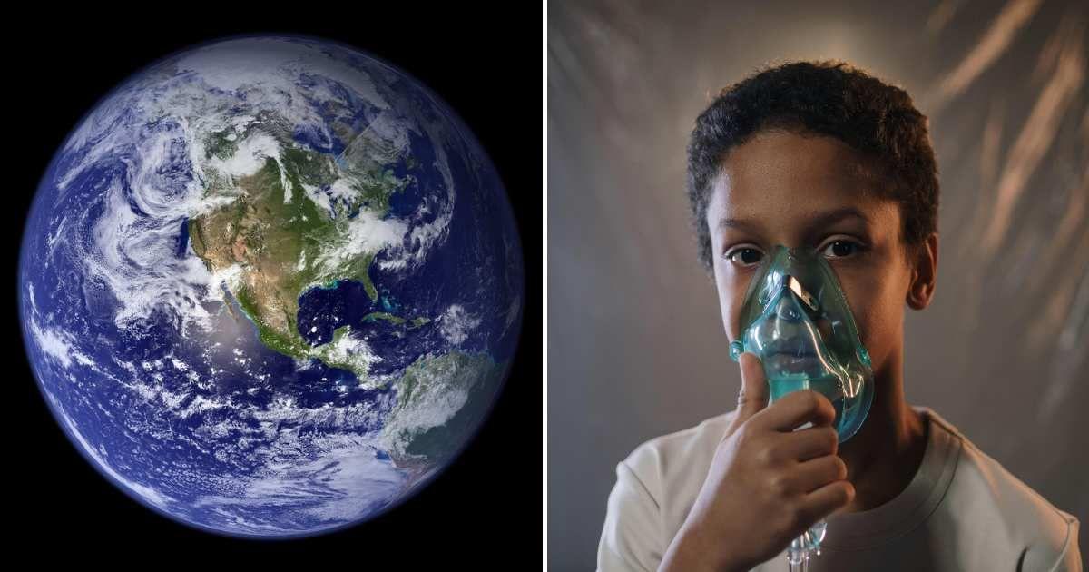 (L) A satellite photo of Earth. (R) A boy wearing an oxygen mask. (Representative Cover Image Source: (L) Pixabay | WikilImgaes, (R) Pexels | Cottonbro Studios)