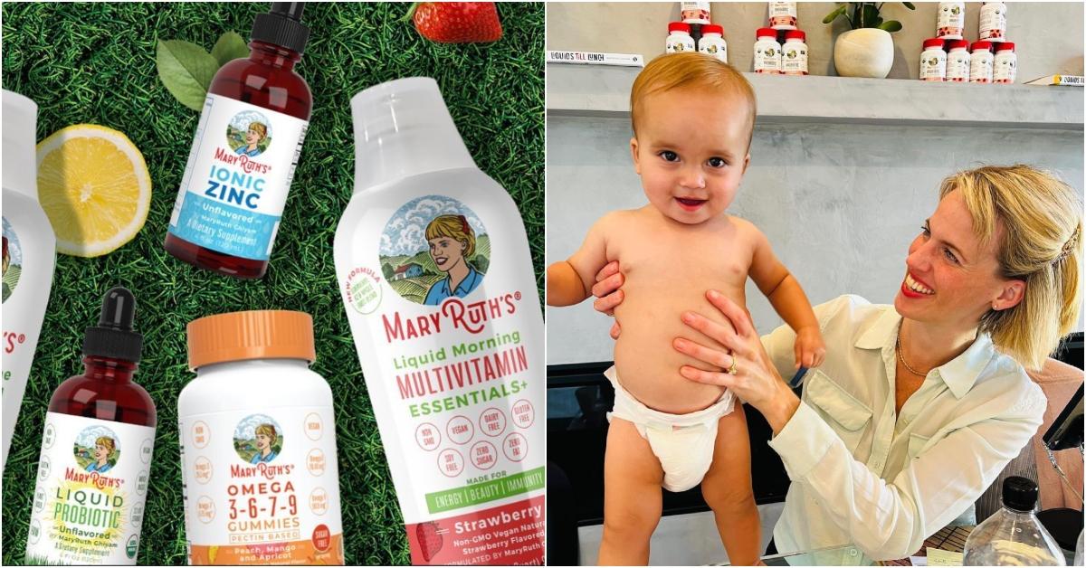 A promotional photo of several MaryRuth's Organics products (left) and a photo of Mary Ruth holding up her child in the kitchen (right). 