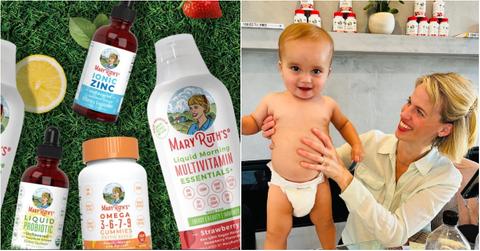 A promotional photo of several MaryRuth's Organics products (left) and a photo of Mary Ruth holding up her child in the kitchen (right).