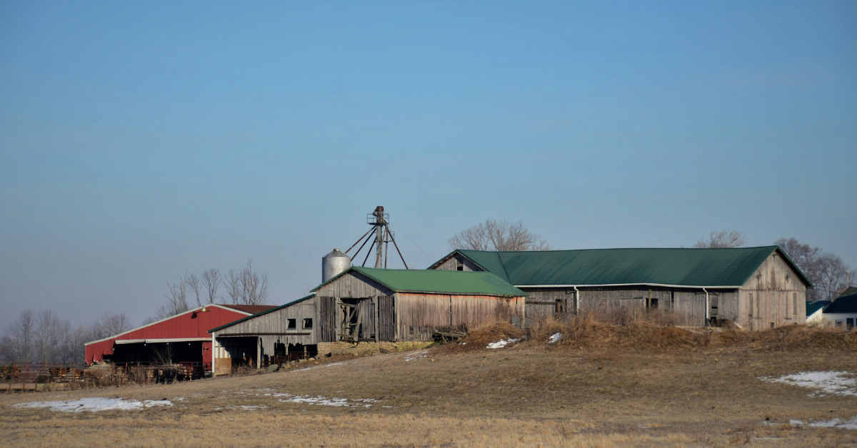 A broken down barn sits in a field