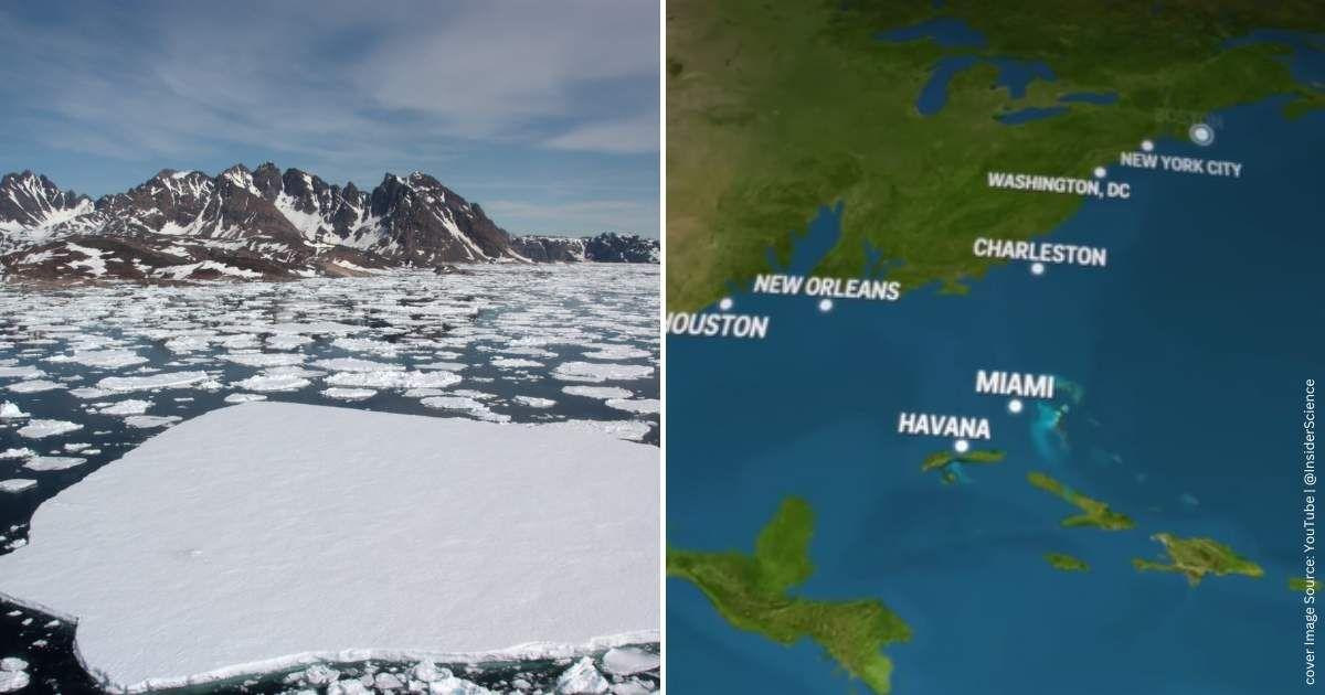 (L) Ice caps melting in the ocean in Greenland (Representative Cover Image Source: Getty Images | Steve_is_on_holiday). (R) Illustration of major cities drowning due to melting ice caps. (Cover Image Source: YouTube | @InsiderScience)
