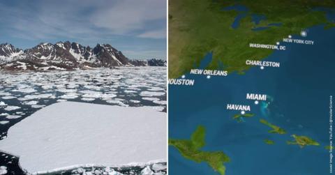 (L) Ice caps melting in the ocean in Greenland (Representative Cover Image Source: Getty Images | Steve_is_on_holiday). (R) Illustration of major cities drowning due to melting ice caps. (Cover Image Source: YouTube | @InsiderScience)