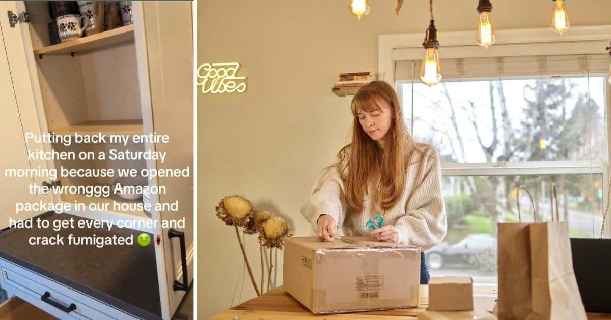 (L) The Amazon customer packs up her kitchen. (Cover Image Source: TikTok | @niamhzocco) | (R) A woman unpacks a package delivered inside her home. (Representative Cover Image Source: Pexels | ArtHouse Studio)