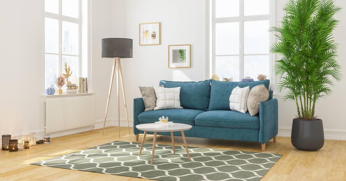 Uncluttered living room with wooden floors and a blue sofa, pot plant, and standing lamp creating a welcoming feel.