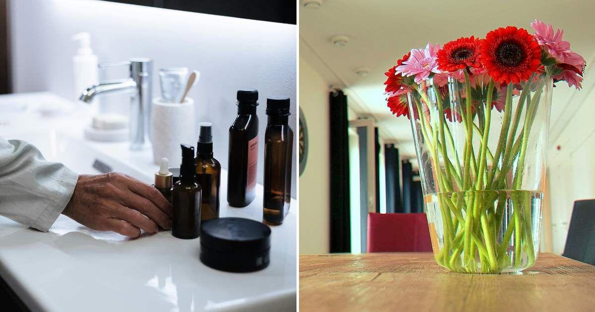 (L) Skincare and hygiene items on the sink in a bathroom. (R) Cut flowers placed inside a vase filled with water. (Representative Cover Image Source: (L) Pexels | Ron Lach, (R) George Becker)
