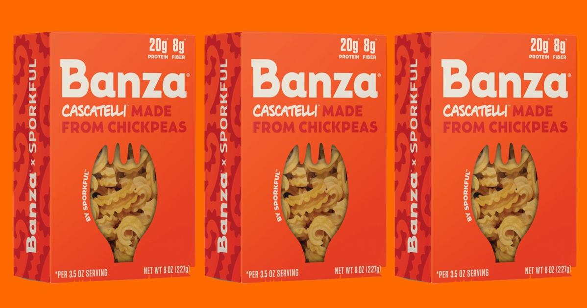 Three boxes of Banza Cascatelli on orange background