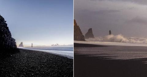 (L) Iceland's Black Beach before extensive coastal erosion; (R) The Black Beach after coastal erosion. (Cover Image Source: (L) Getty Images | ImageBroker - Christian Frumolt; (R) Instagram | @rebeccadouglasphotography)