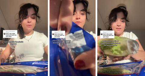 Woman explains how she keeps lettuce fresh using a napkin