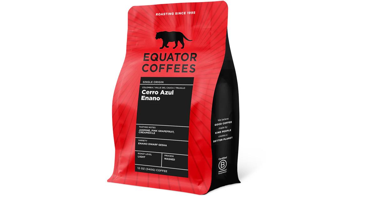 black and red bag of coffee with a white label