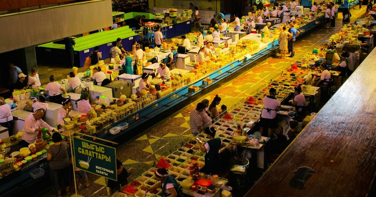 People gather at a foreign food market 
