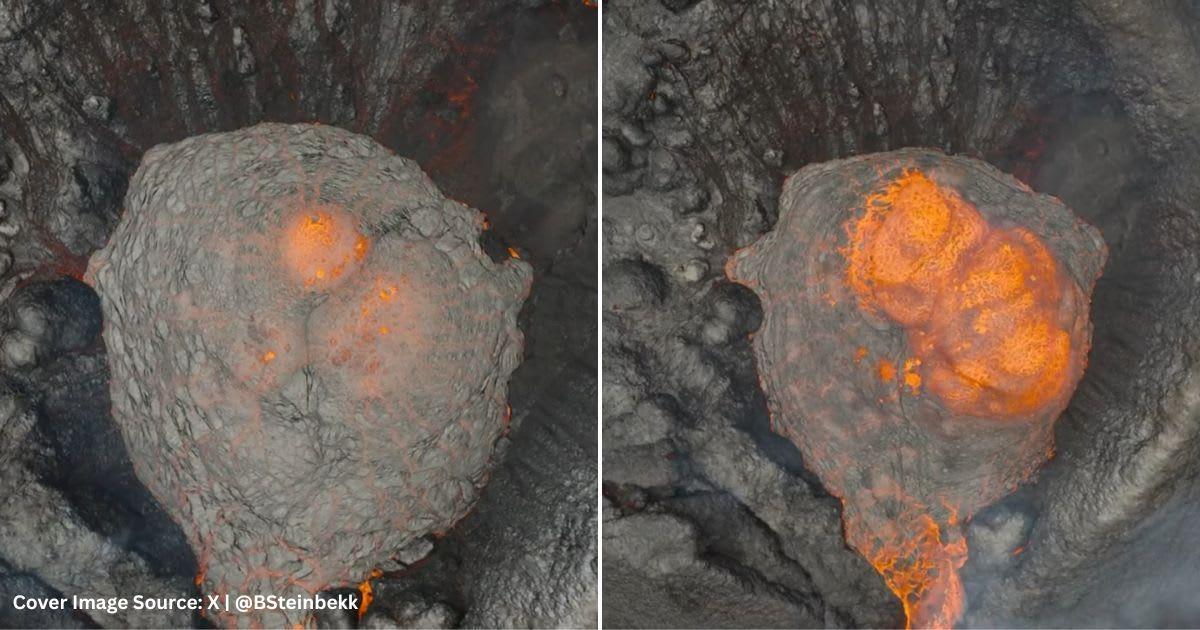 Screenshots of a volcanic eruption from an aerial view. (Cover Image Source: X | @BSteinbekk)
