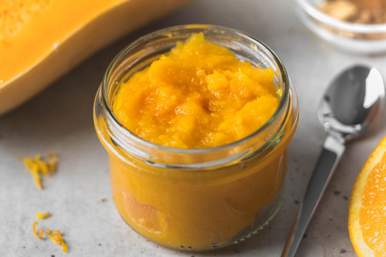 Pumpkin puree in a glass jar 