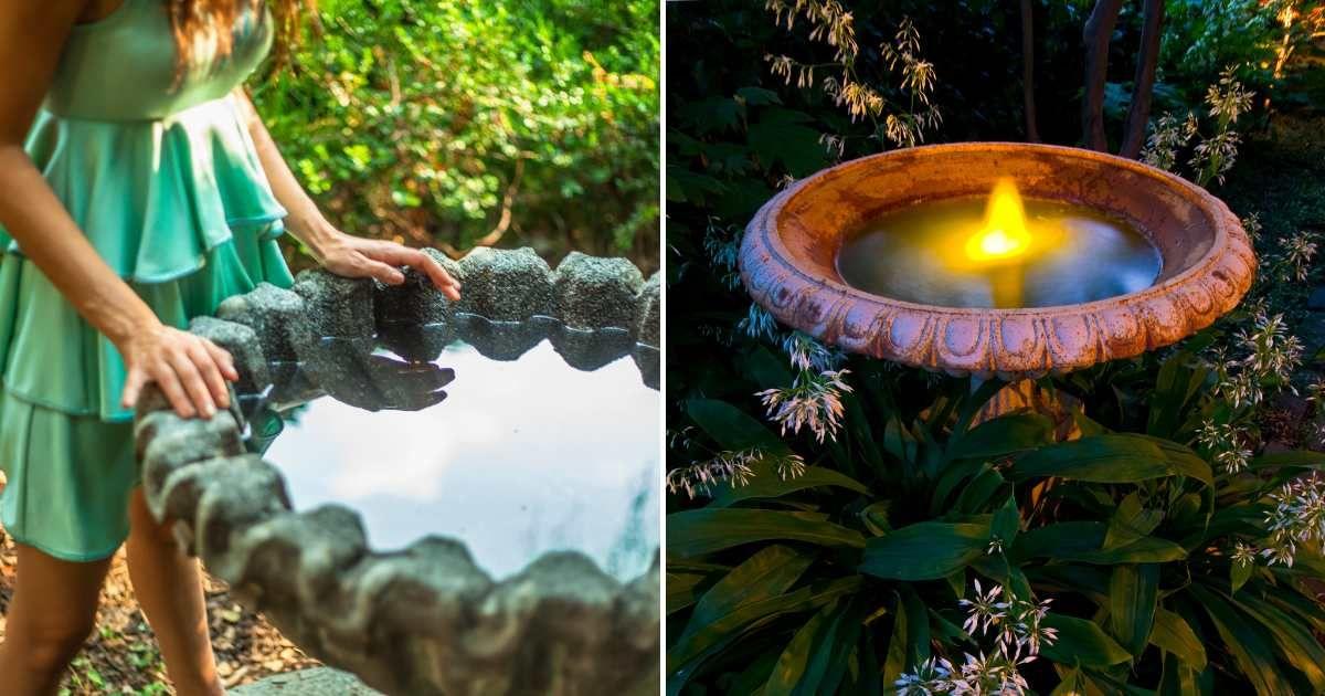 (L) A woman looking at her reflection in the birdbath; (R) Solar-powered light in a bird bath. (Representative Cover Image Source: Getty Images | (L) fitopardo, (R) Jason Edwards)