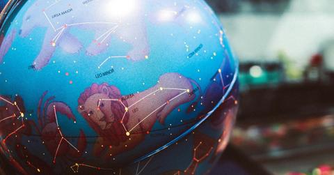 Closeup of a globe that is decorated with the zodiacs