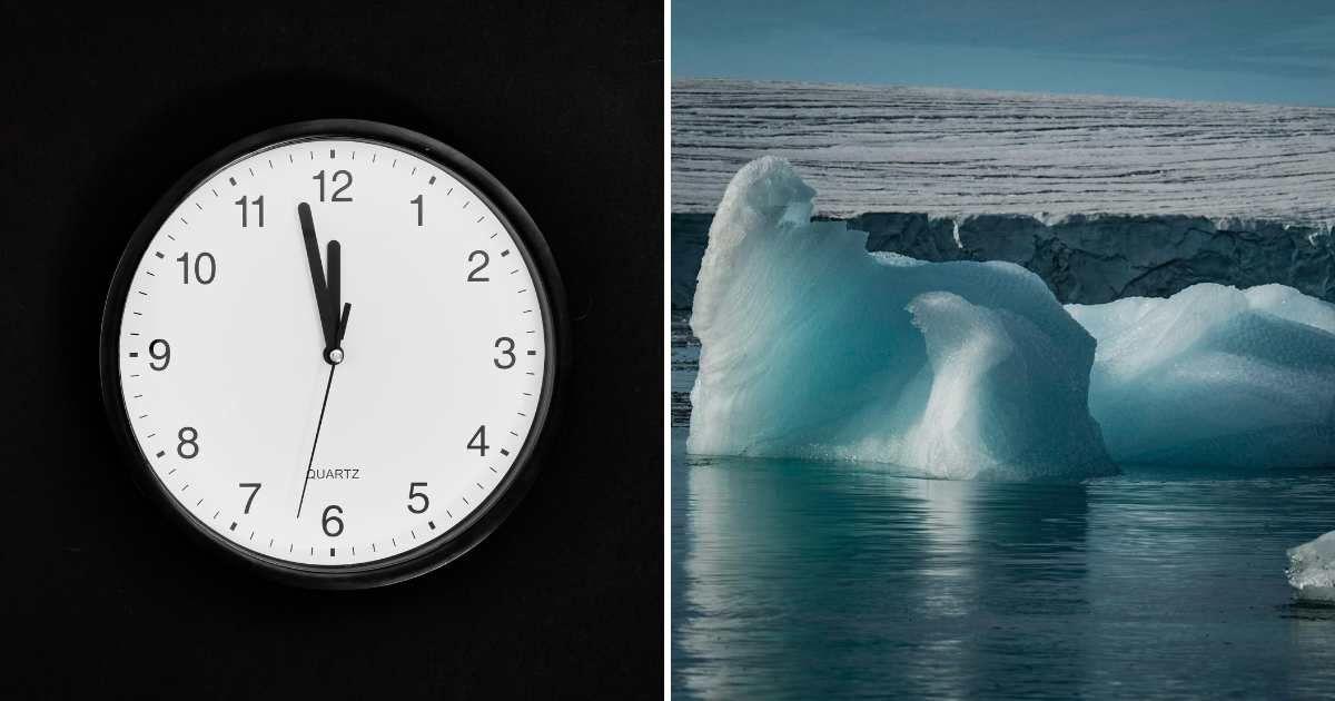 (L) A clock on a black background. (R) Melting ice caps. (Representative Cover Image Source: Pexels | (L) Kaboompics.com, (R) Francesco Ungaro)