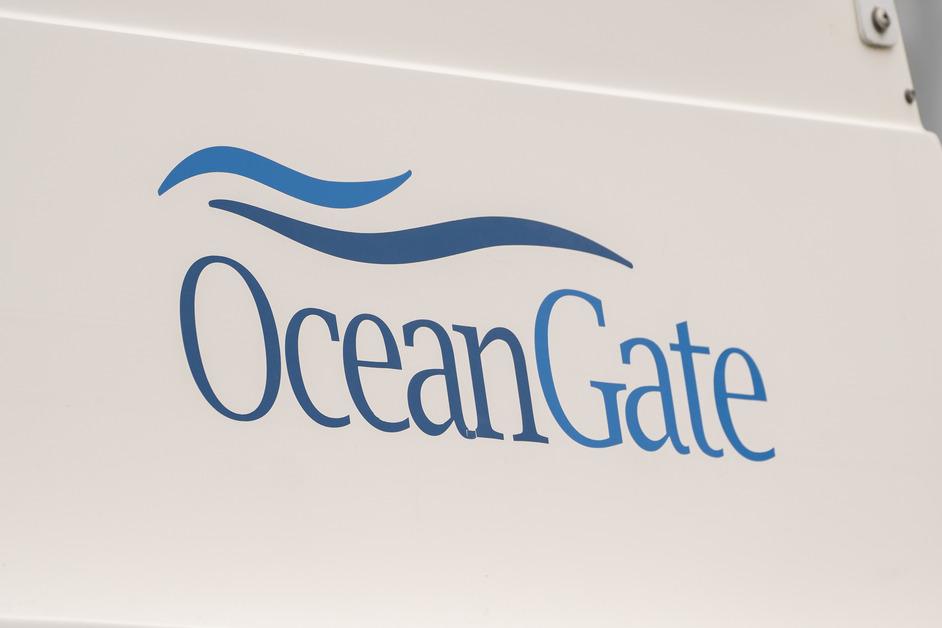 Close-up of the OceanGate logo, the company that owned the missing submersible